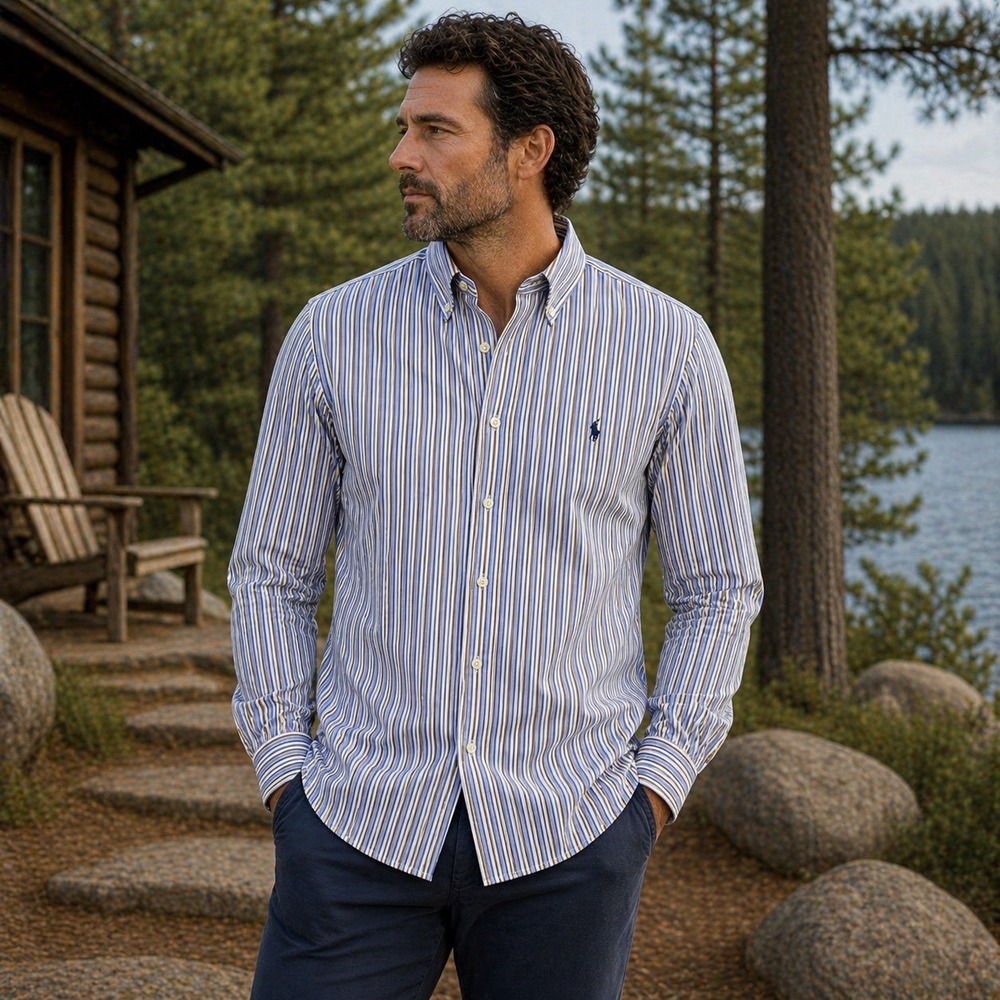 Ralph Lauren Button Down Shirt Mens 3XB Blue Striped Classic Fit Long Sleeve